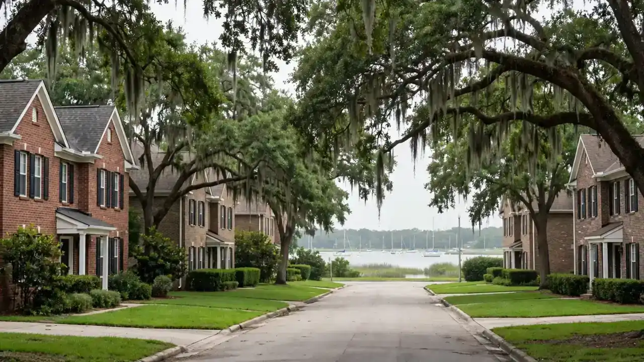 Two-story suburban brick homes near a lake with sailboat masts in the distance