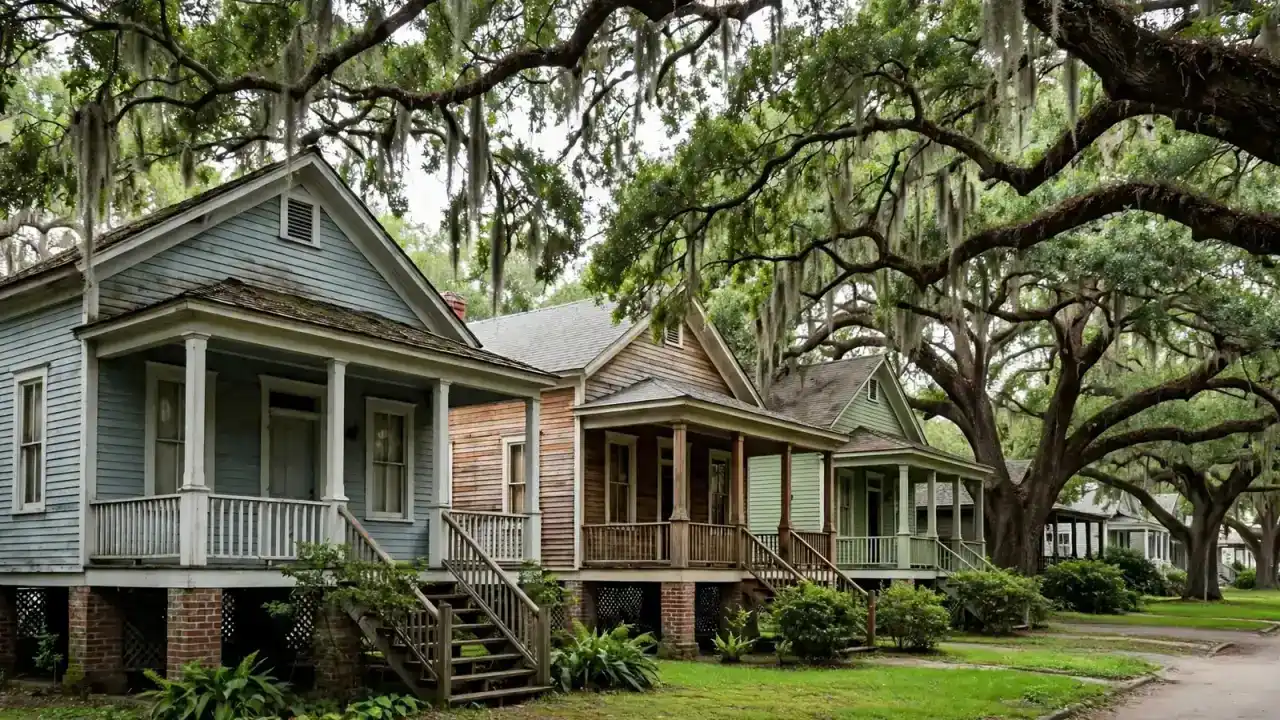 Raised wood bungalows with deep front porches under large oak trees