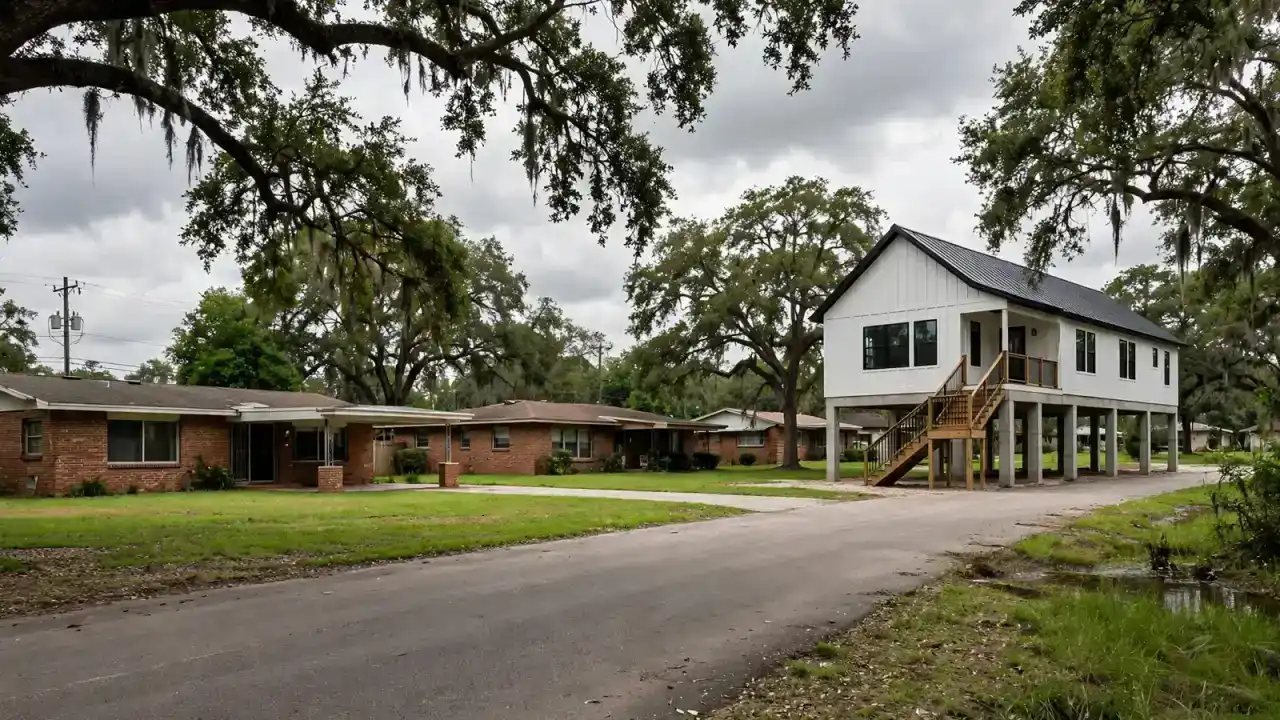 Mid-century ranch homes beside a newly elevated rebuilt house on a flat street