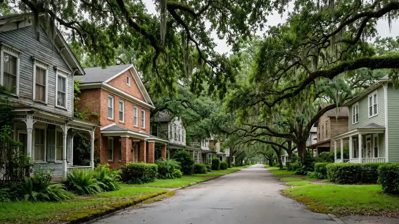 Tree-lined street with older two-story houses and small duplexes