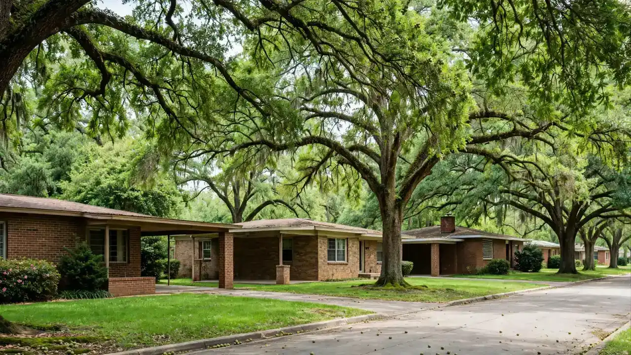1950s brick ranch homes with carports and big pecan trees