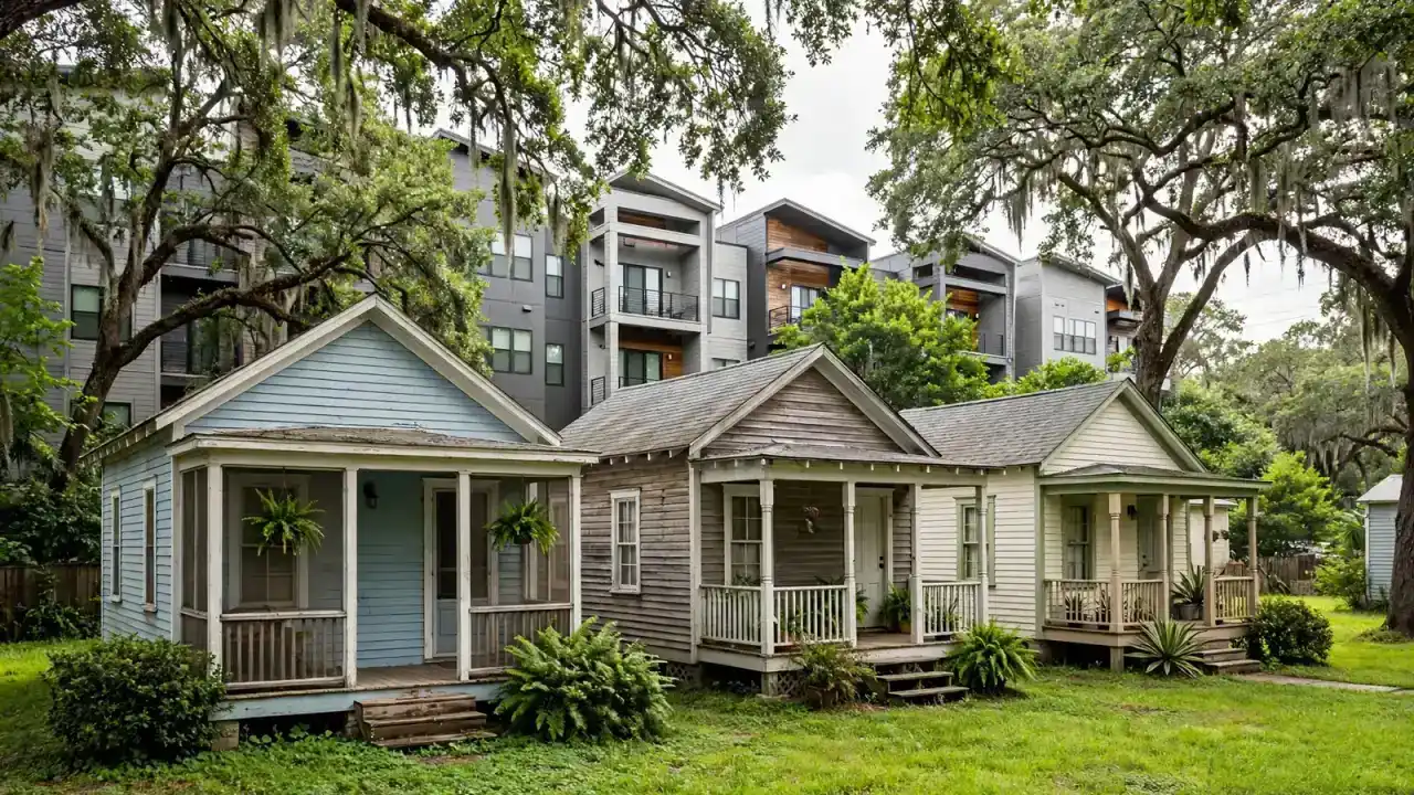 Small wood-frame houses with porches and modern townhomes behind them