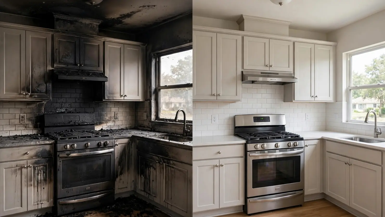 Split image of a kitchen, sooty on the left and clean on the right