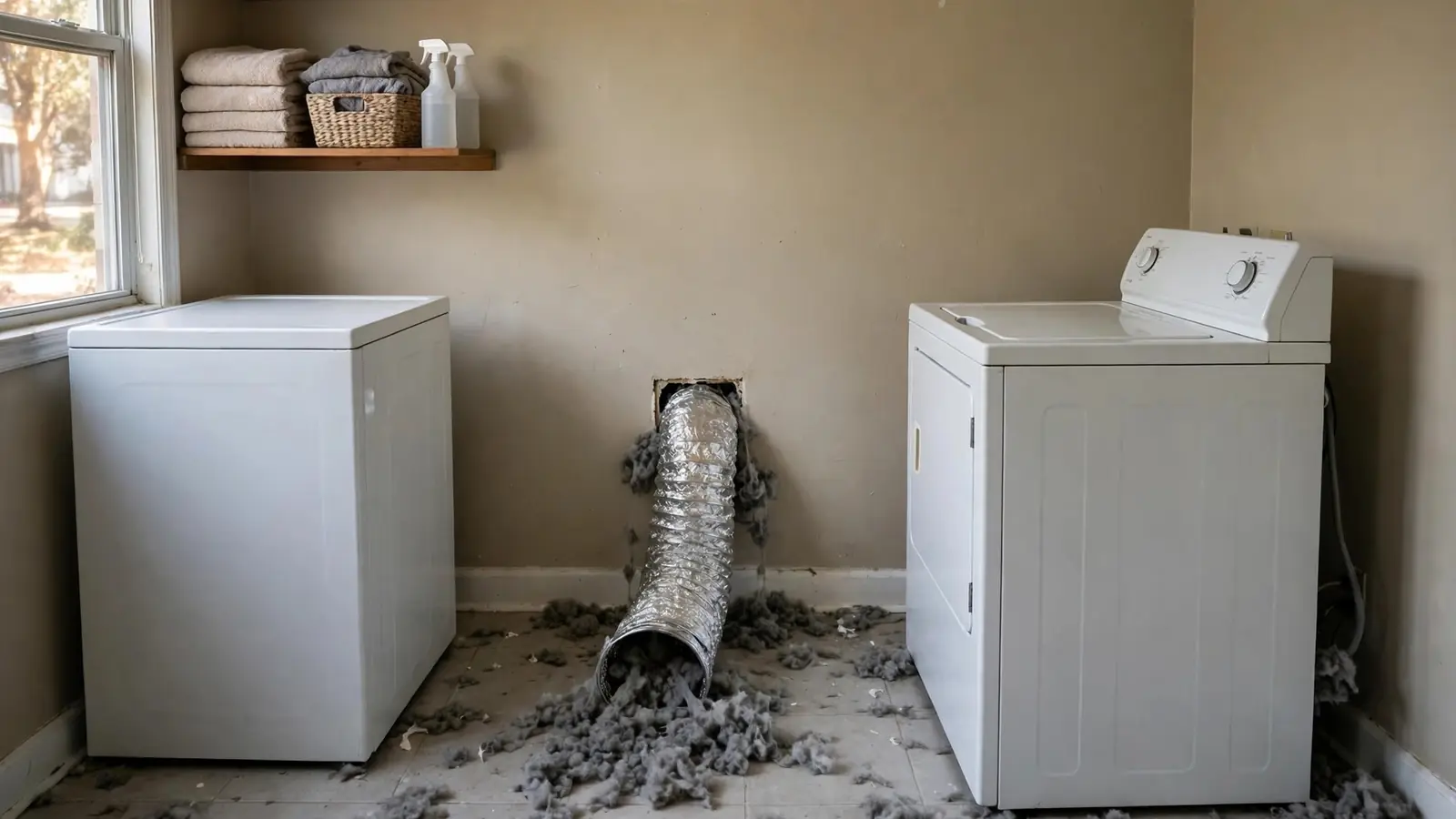 Laundry room with a dryer pulled out and a foil vent duct clogged with gray lint
