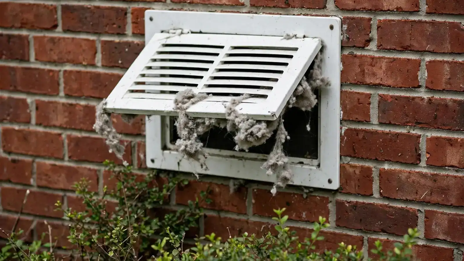 Outside dryer vent hood on a brick wall with lint caught in the flap