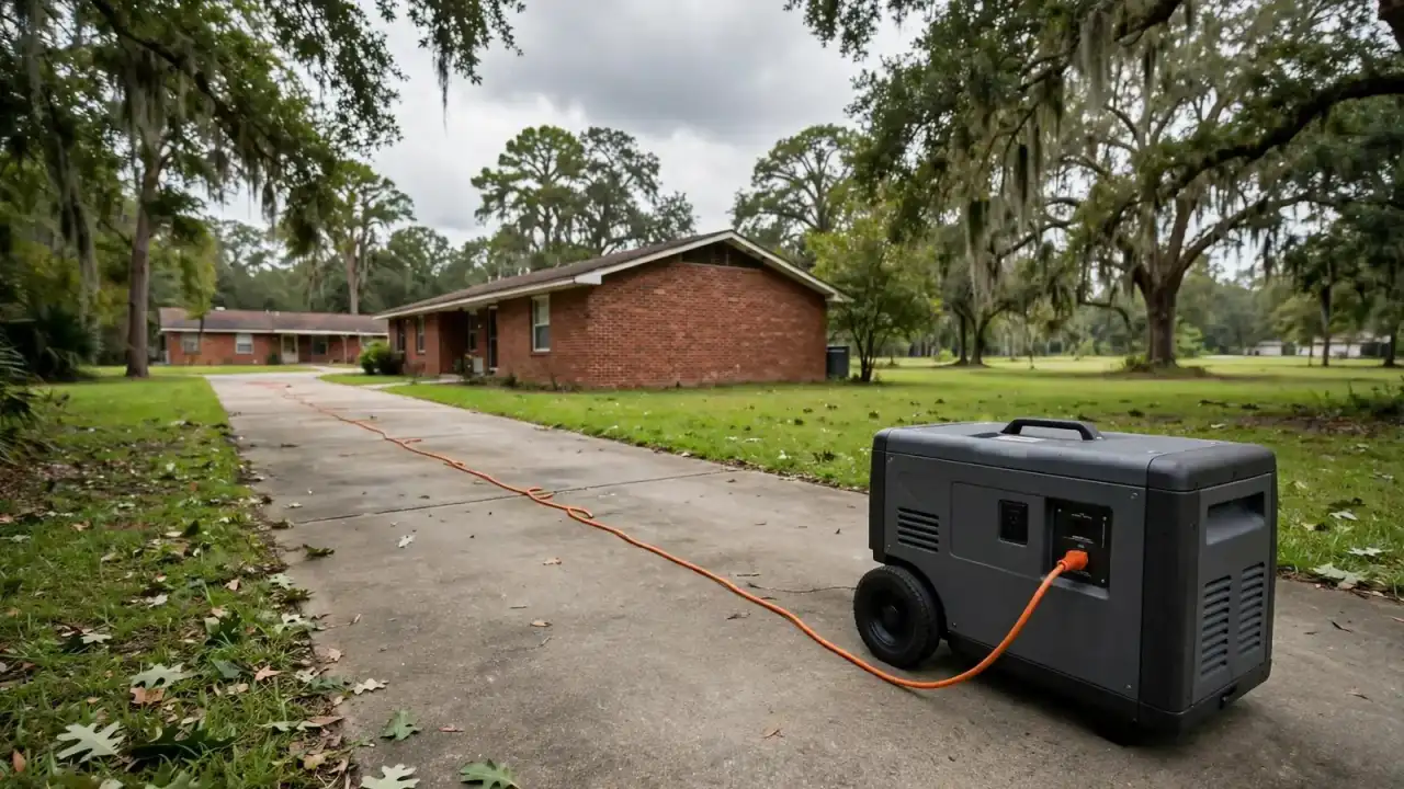 Portable generator running on a driveway well away from a brick house