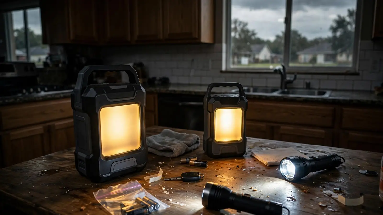 Battery lanterns and flashlights on a kitchen table during a power outage
