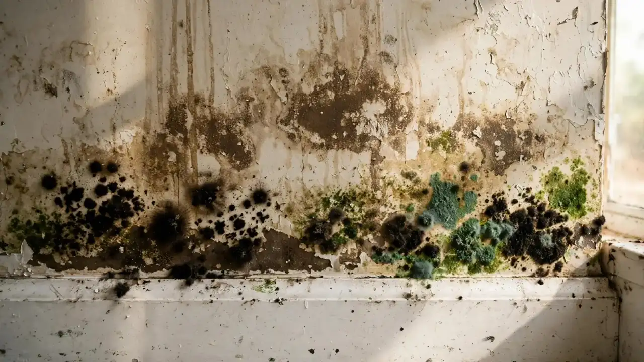 Dark mold spots along the bottom of a water-stained wall above baseboard