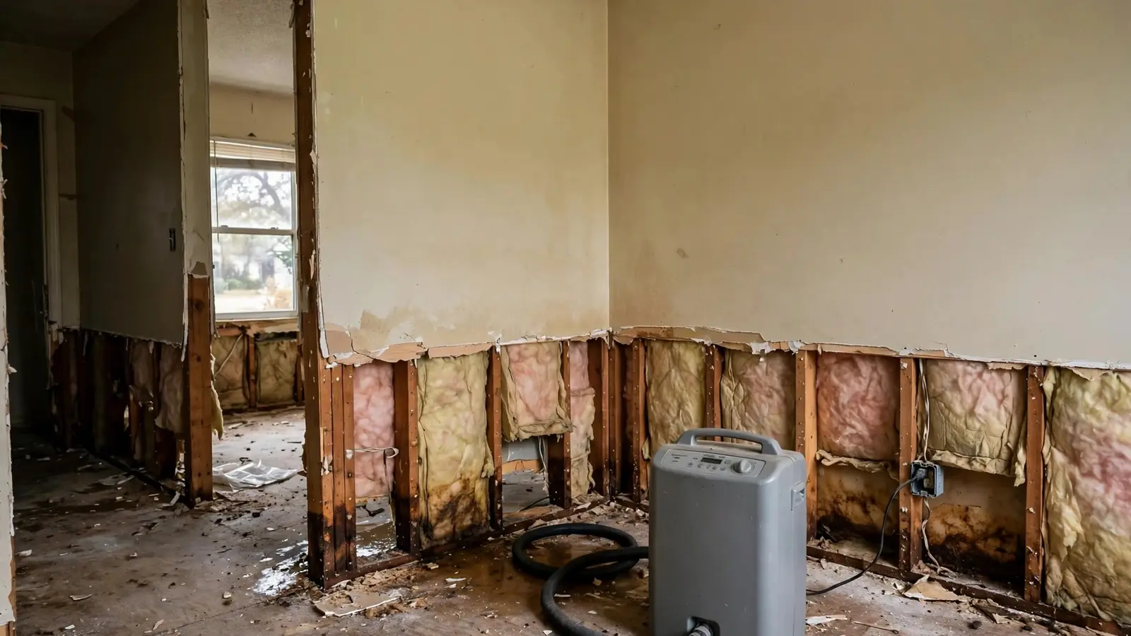 Dehumidifier running in a room with lower drywall cut away to dry framing