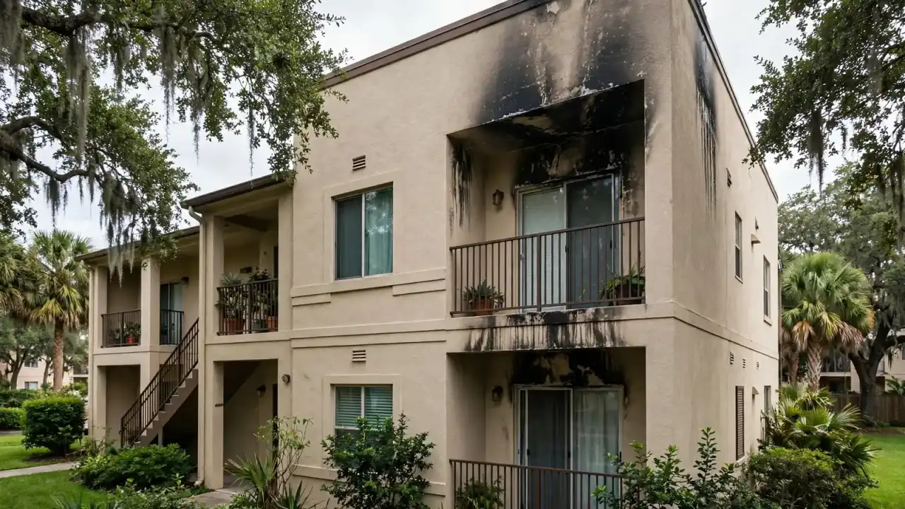 Exterior of a two-story garden apartment building with smoke stains above one unit