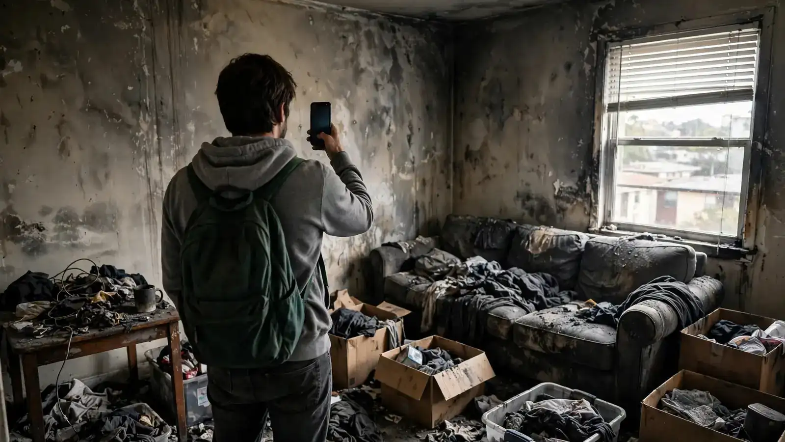 Renter seen from behind photographing smoke-stained belongings with a phone