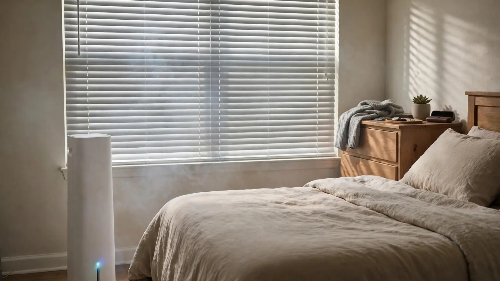 Portable air purifier running in a closed bedroom with the window shut