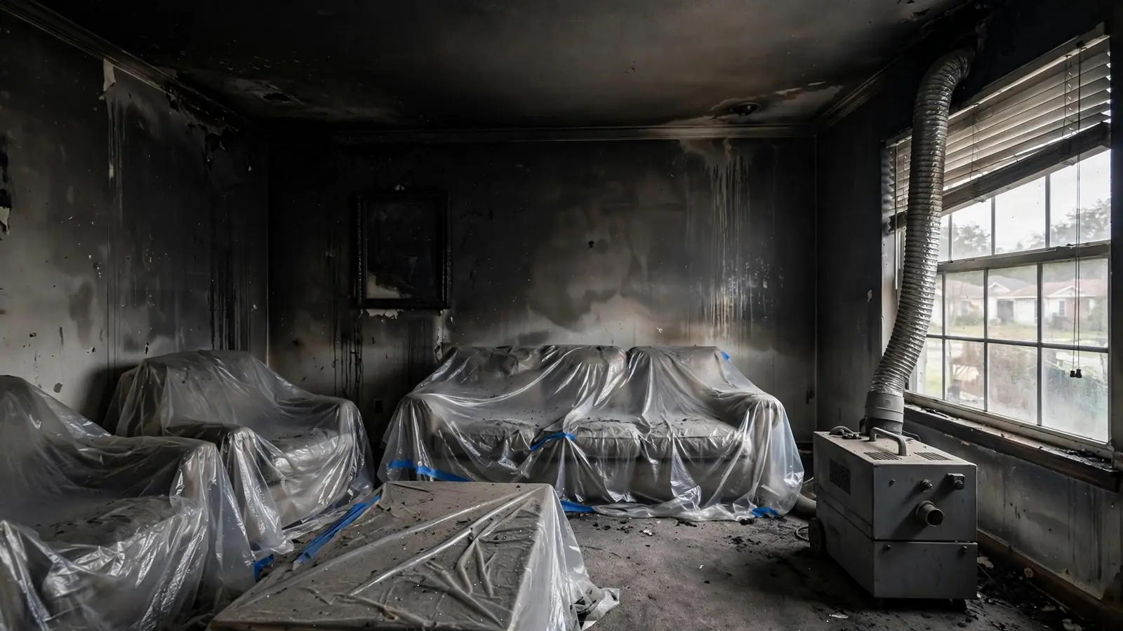Soot-darkened living room with furniture under plastic and an air scrubber by the window