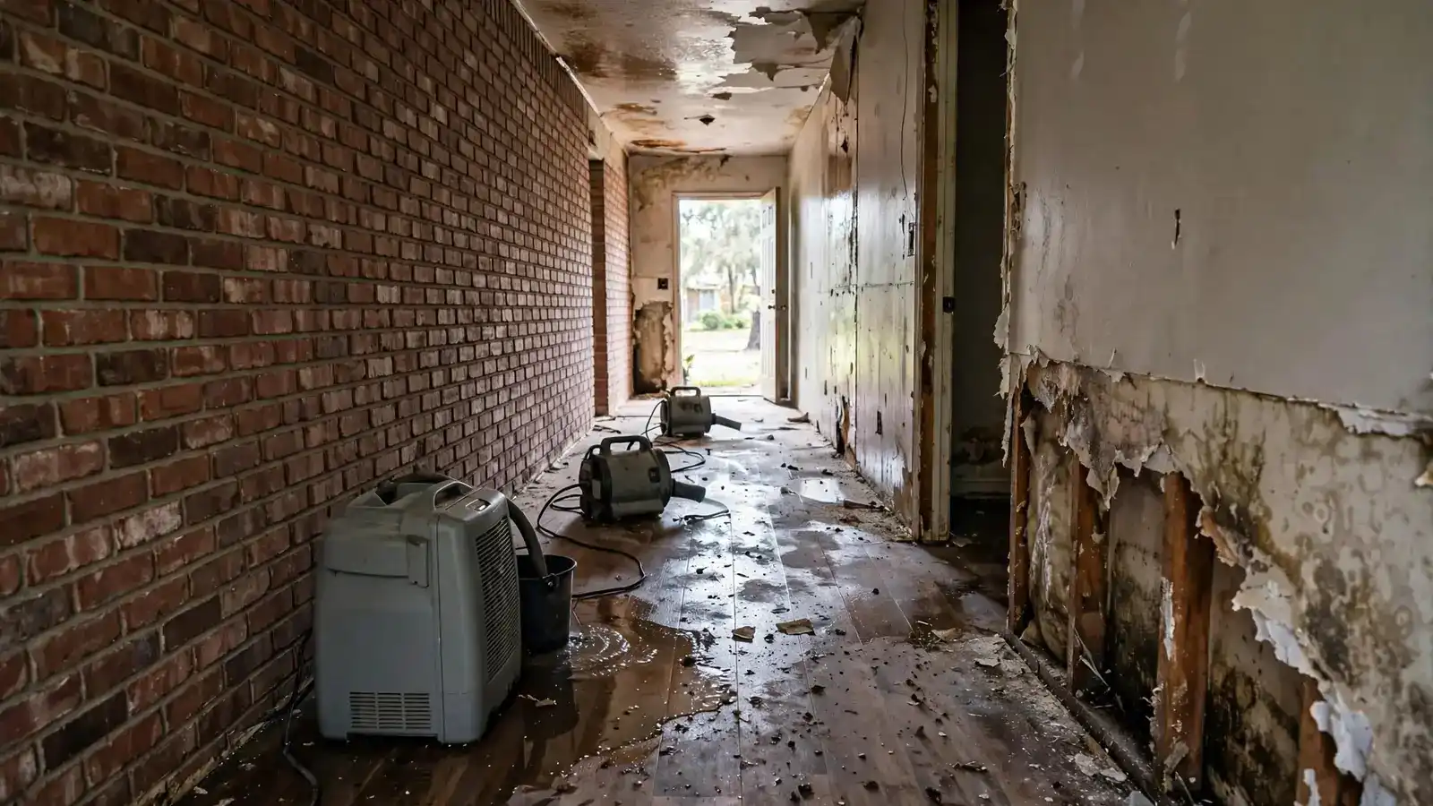 Dehumidifier and air movers on a wet floor in a damaged hallway