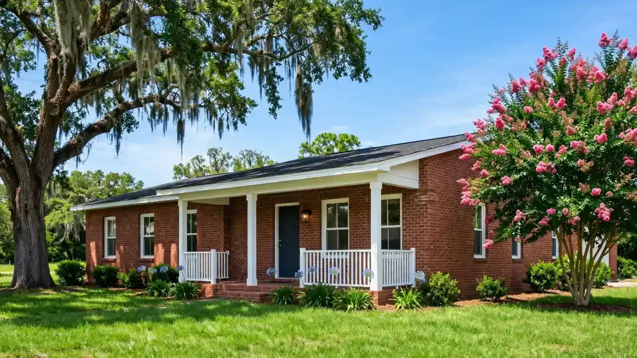 Restored brick home with fresh trim and a green lawn under a clear sky