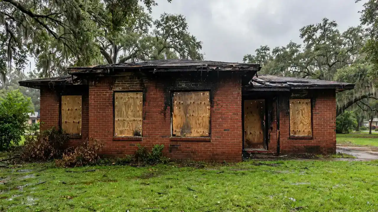 Plywood boards fastened over the windows of a fire-damaged brick house