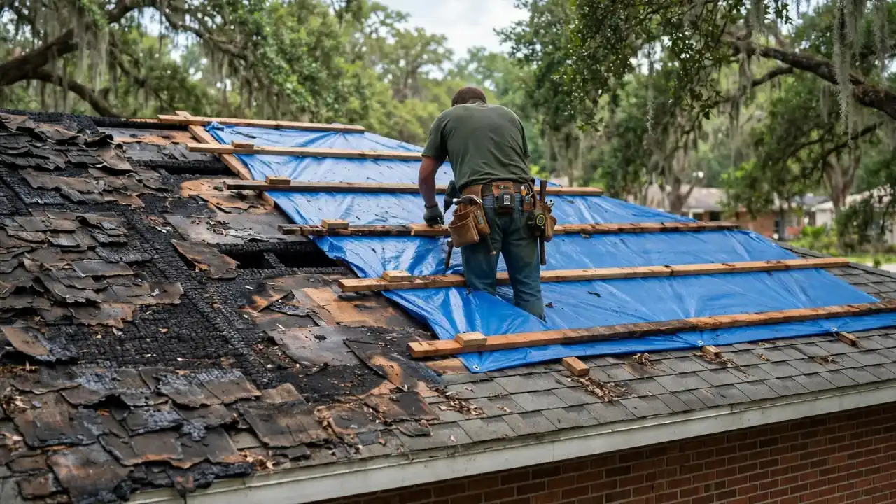 Worker seen from behind fastening a blue tarp over a damaged roof section