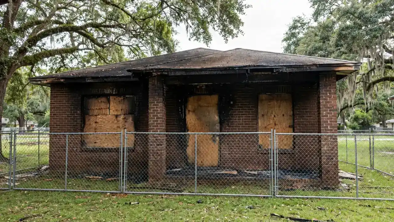 Boarded front door and windows on a single-story house with a temporary fence