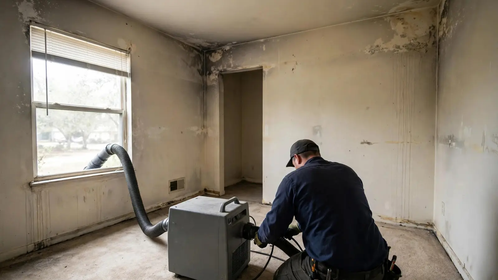 Technician seen from behind setting up air equipment in an empty smoke-affected bedroom