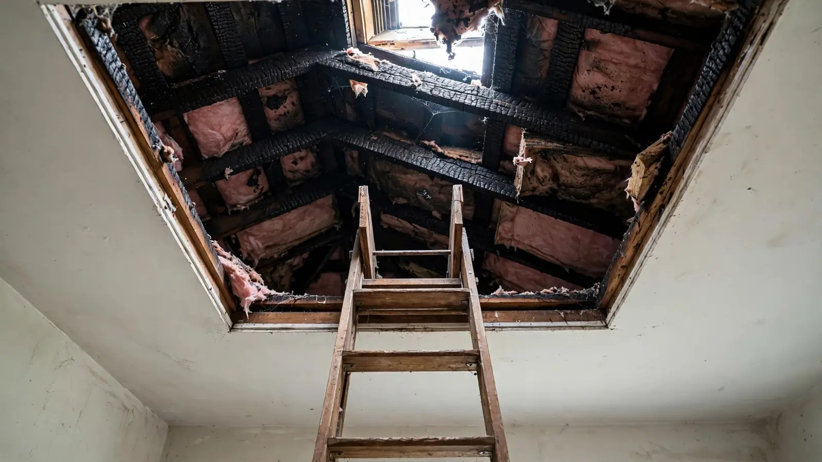 Open attic hatch showing insulation darkened by smoke