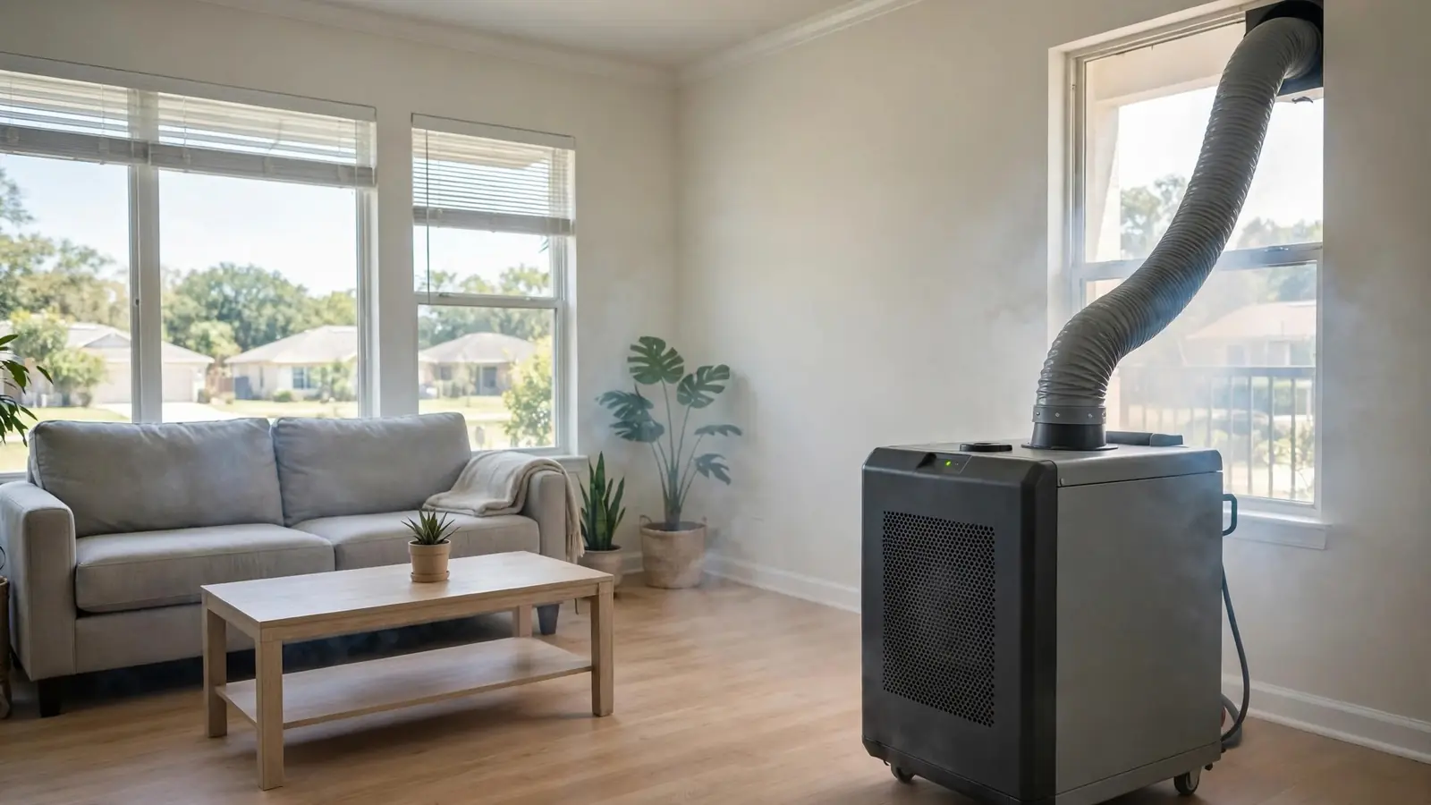 Air scrubber machine running in an empty living room with windows open