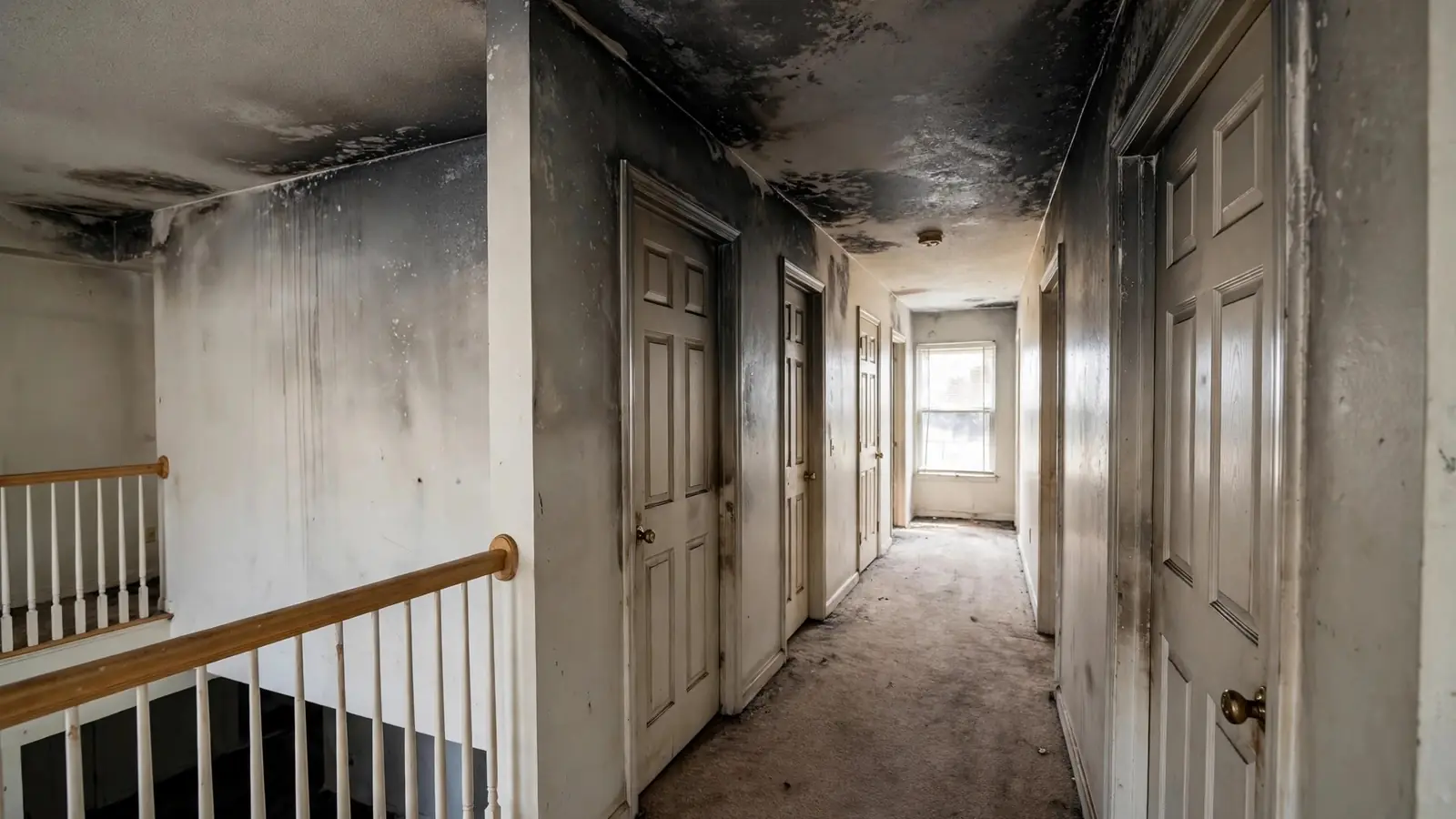 Upstairs hallway with gray smoke staining along the upper walls and ceiling