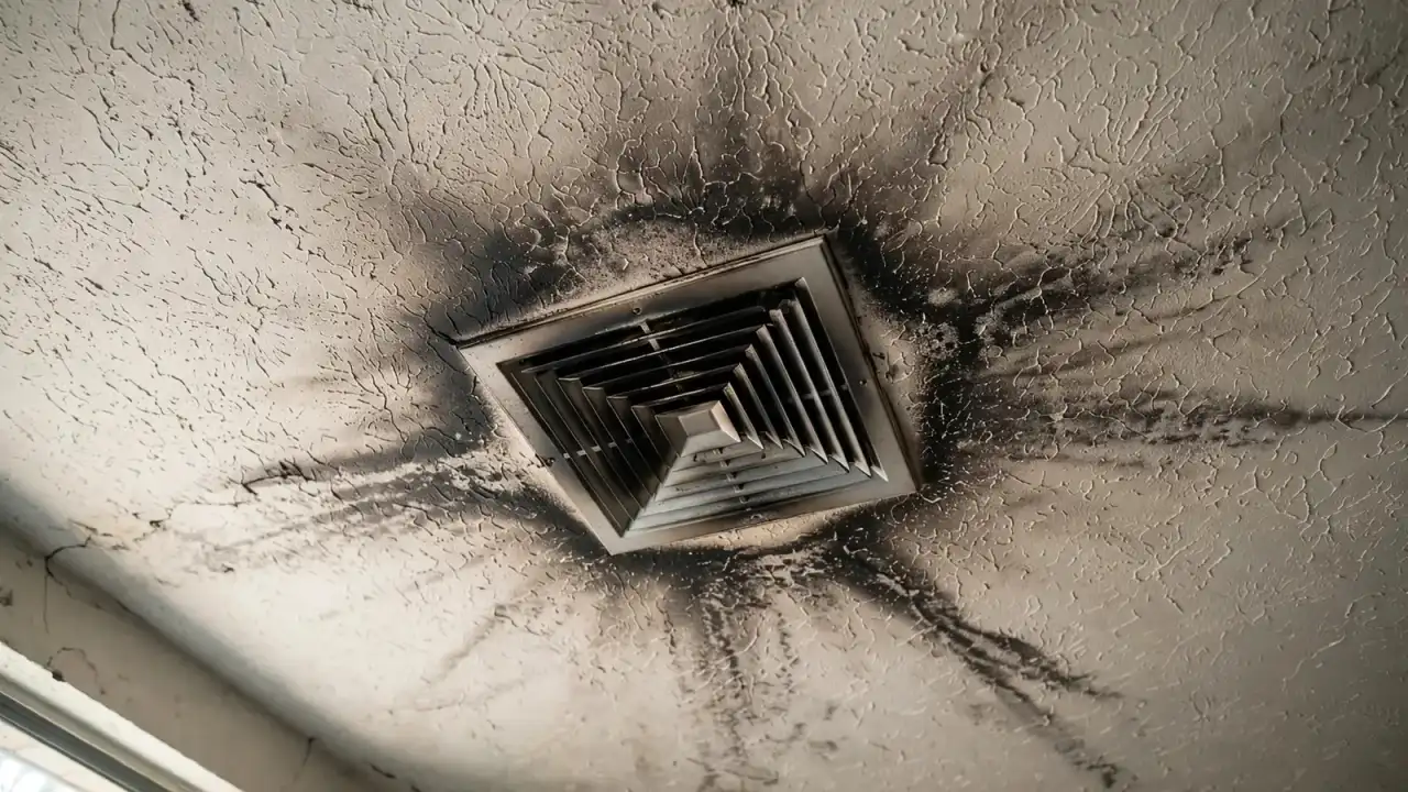 Ceiling air register with a dark ring of smoke residue around it