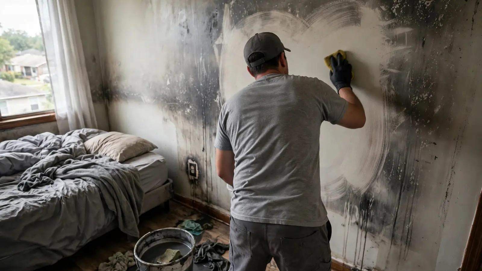 Technician seen from behind cleaning a smoke-stained bedroom wall with a sponge