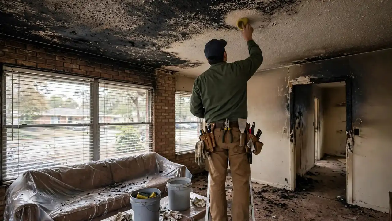 Technician on a ladder wiping soot from a textured ceiling with a dry sponge