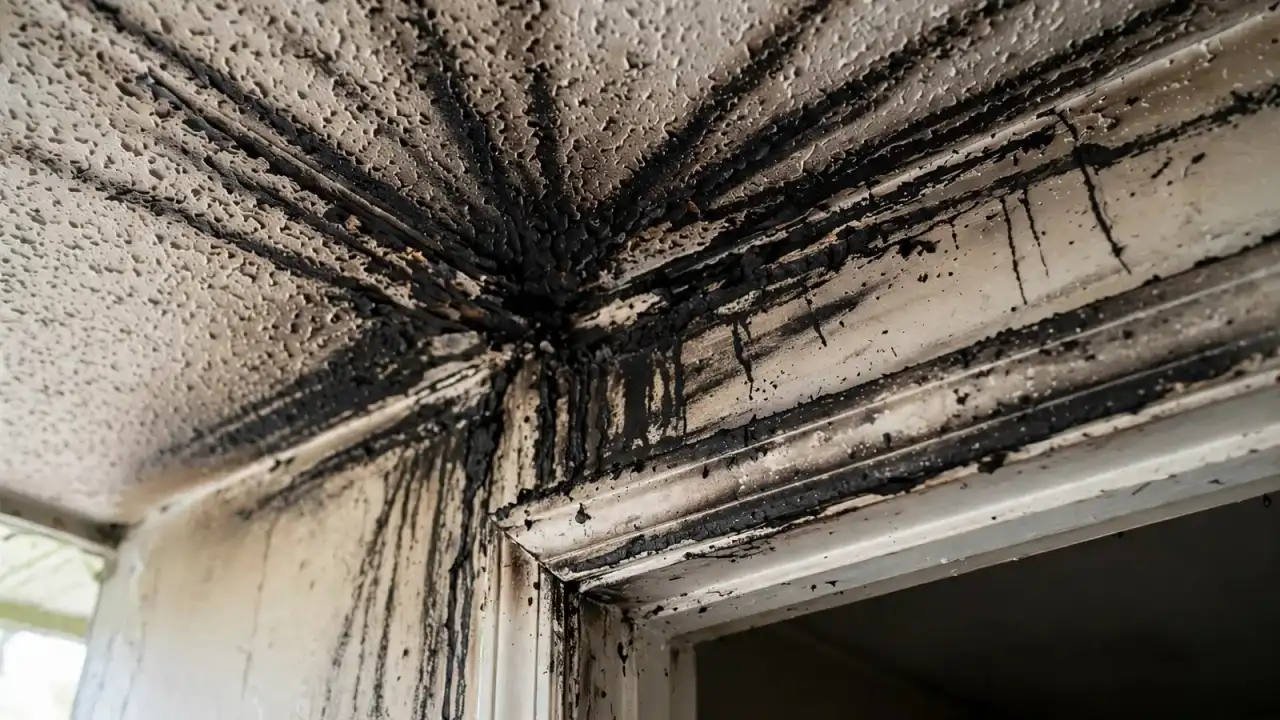 Close view of dark soot streaks along a ceiling corner