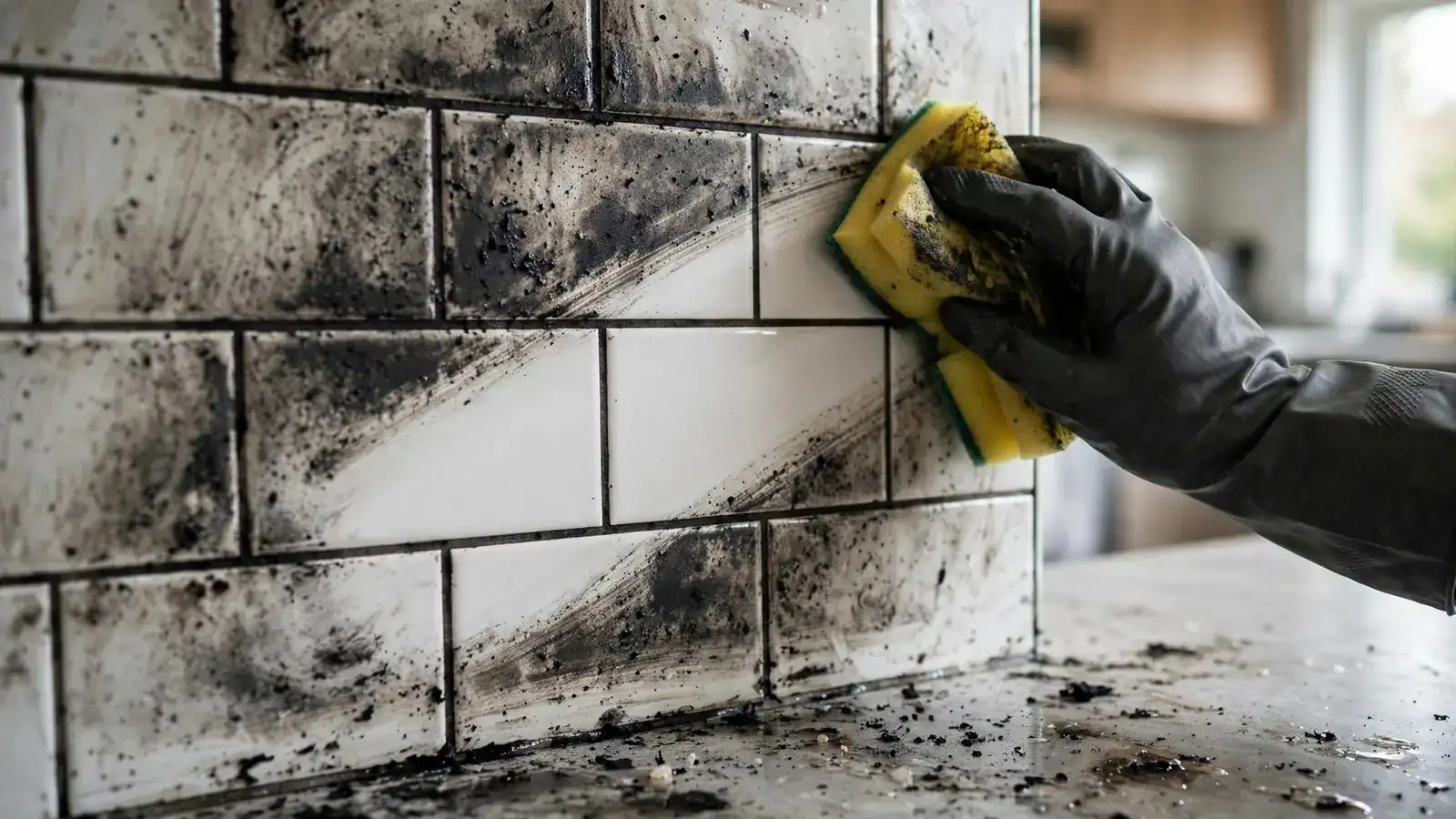 Gloved hand wiping soot from a kitchen backsplash, leaving a clean streak