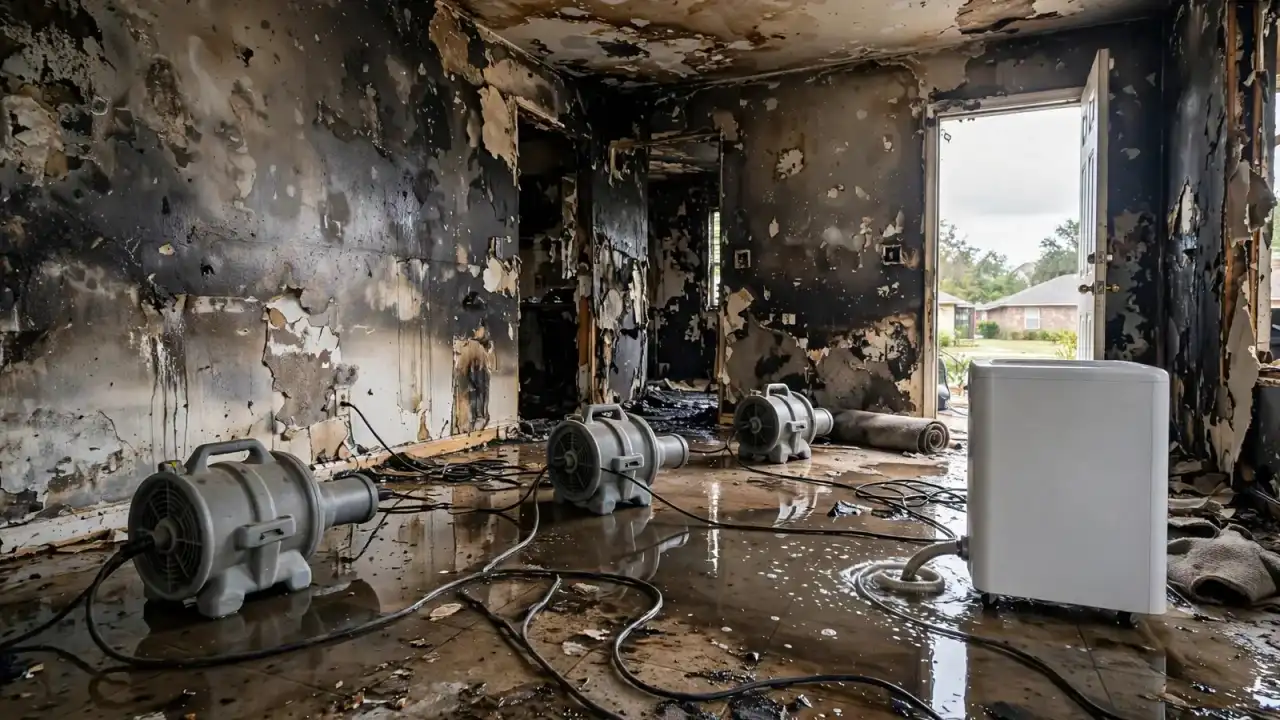 Air movers and a dehumidifier running on a wet floor in a fire-damaged room