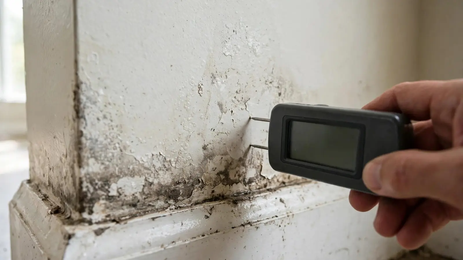 Moisture meter pressed against the bottom of a damp wall