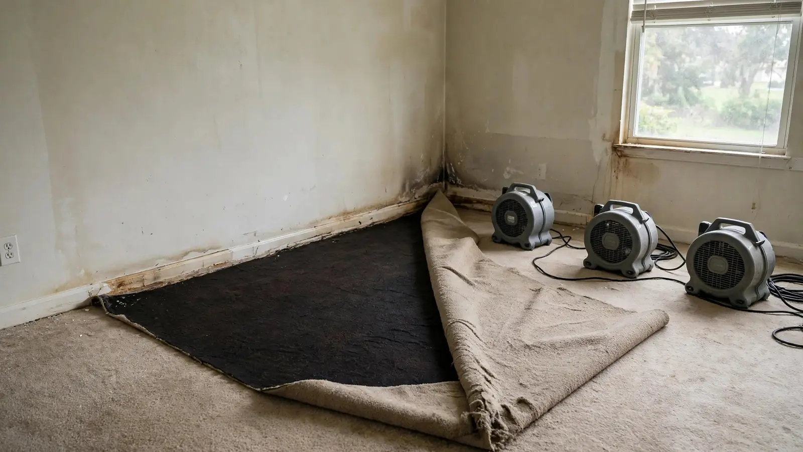 Wet carpet pulled back from a floor with pad exposed beside air movers